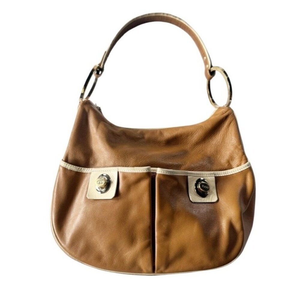 TOD'S Small Tan Leather Pocket Shoulder Hobo Bag Gold Rings Strap Made In Italy